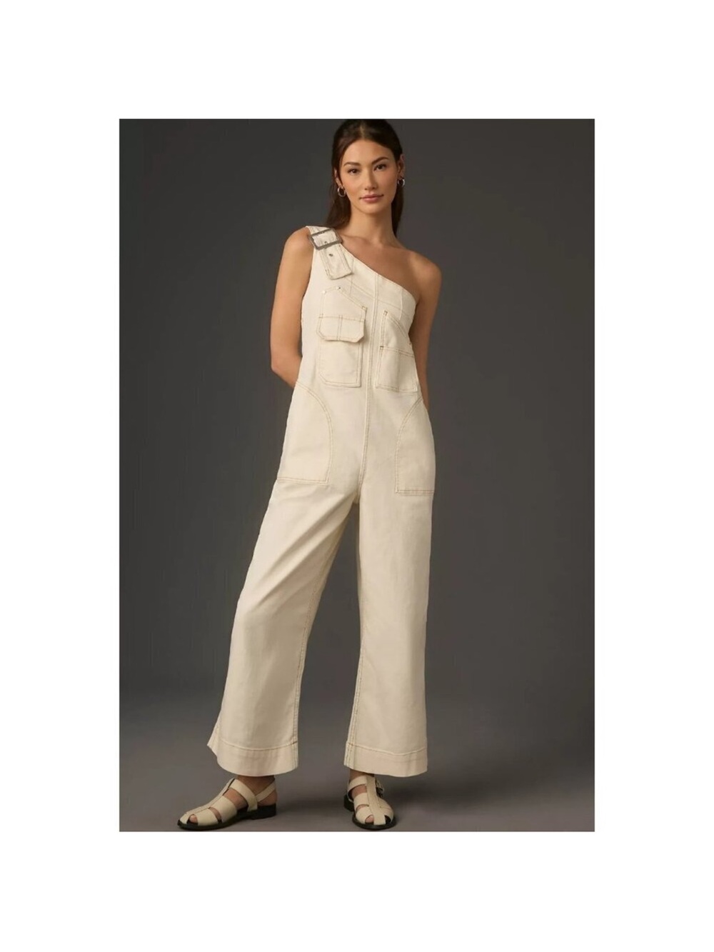 Anthropologie Pilcro Olive Green One-Shoulder Wide-Leg Denim Jumpsuit - Picture 2 of 11